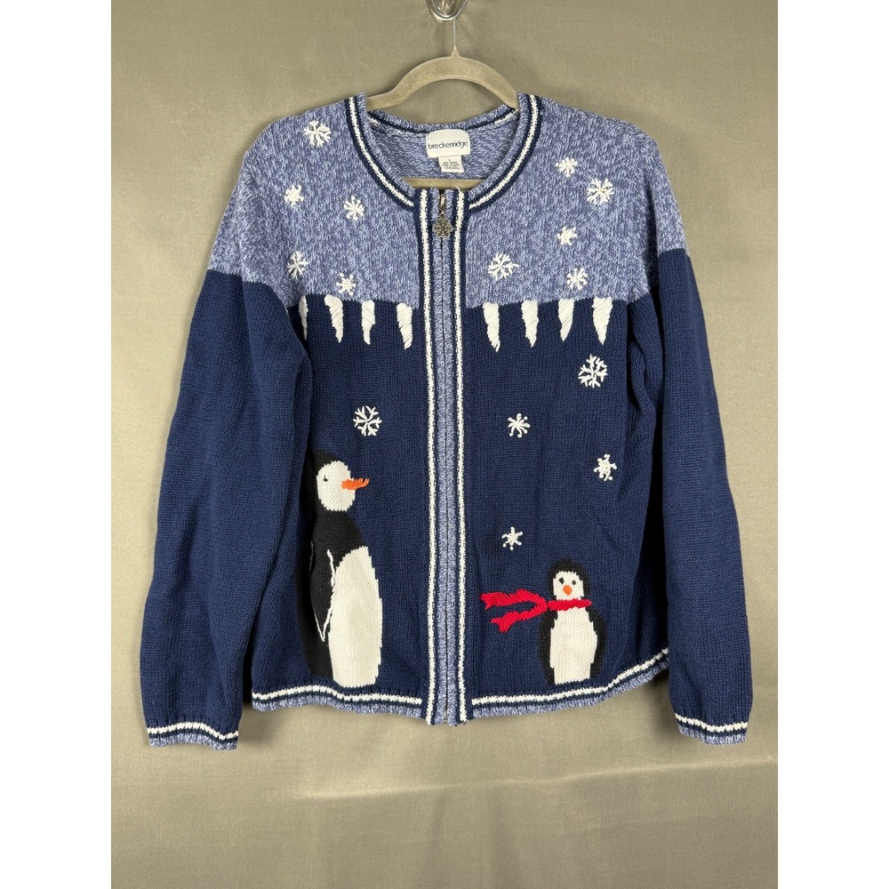 Breckenridge Cardigan Sweater Womens Large Blue Penguin Snowflake Zip Winter L
